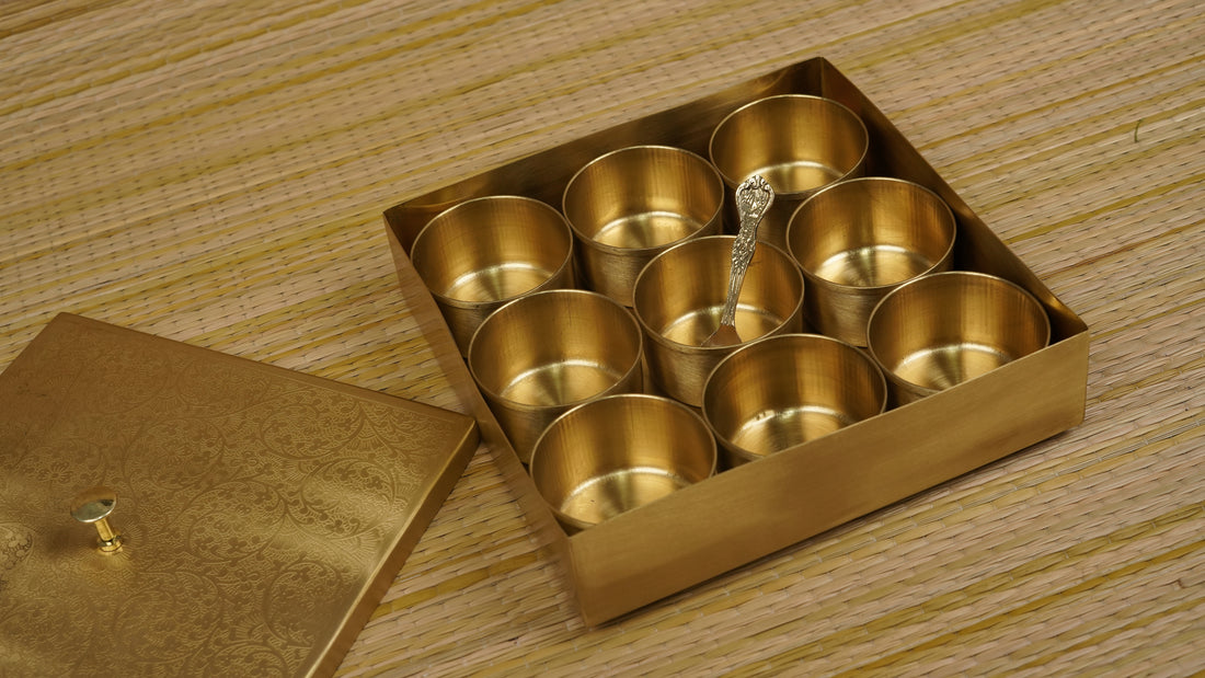 Brass Spice Masala Box Square With 9 Containers