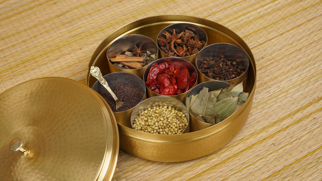 Brass Masala Box – Matte Hammered Design (7 Inch, Heavy) With 7 Containers