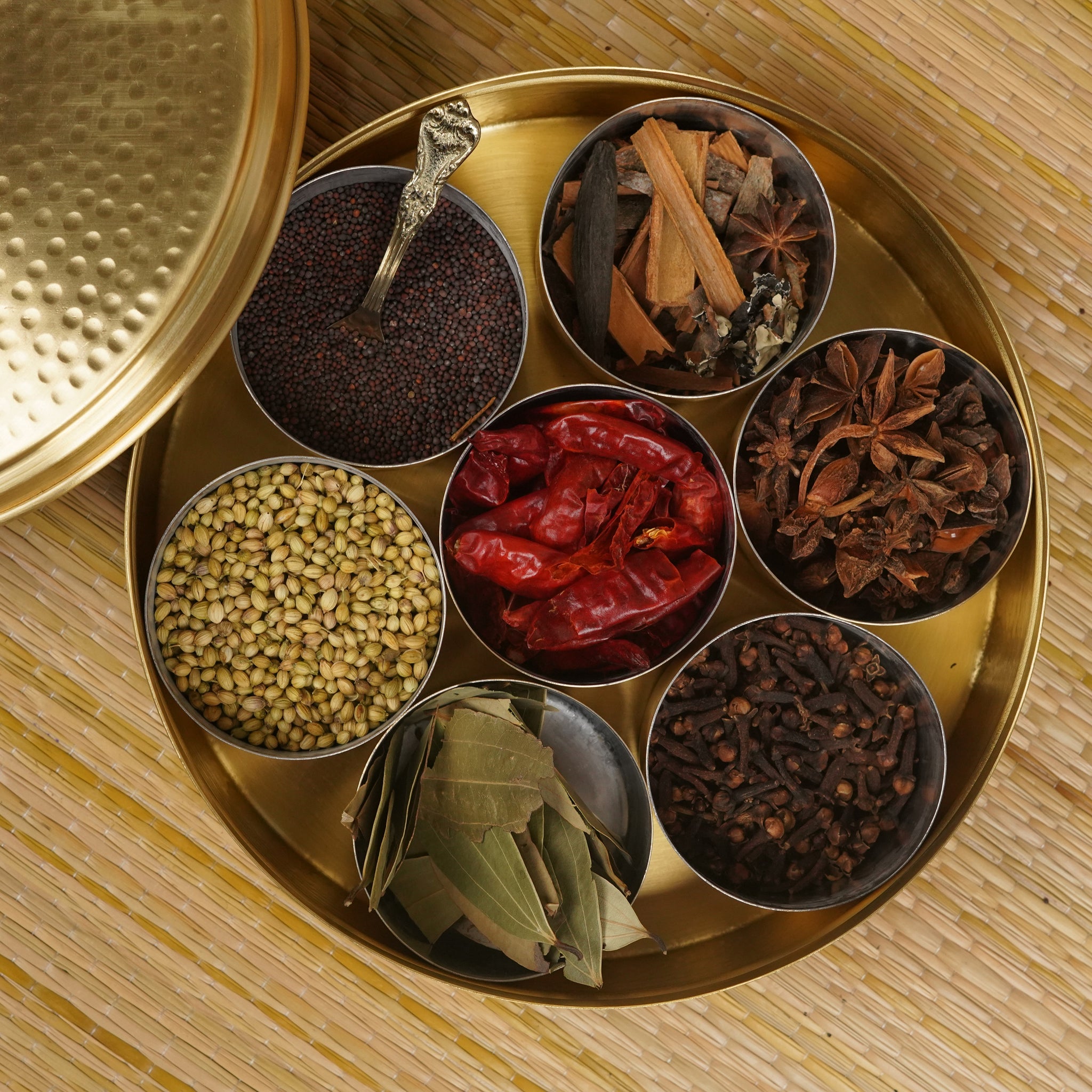 Brass Masala Box – Matte Hammered Design (7 Inch, Heavy) With 7 Containers