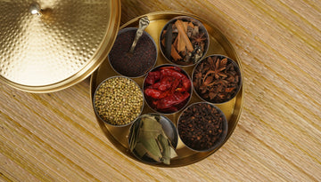 Brass Masala Box – Matte Hammered Design (7 Inch, Heavy) With 7 Containers