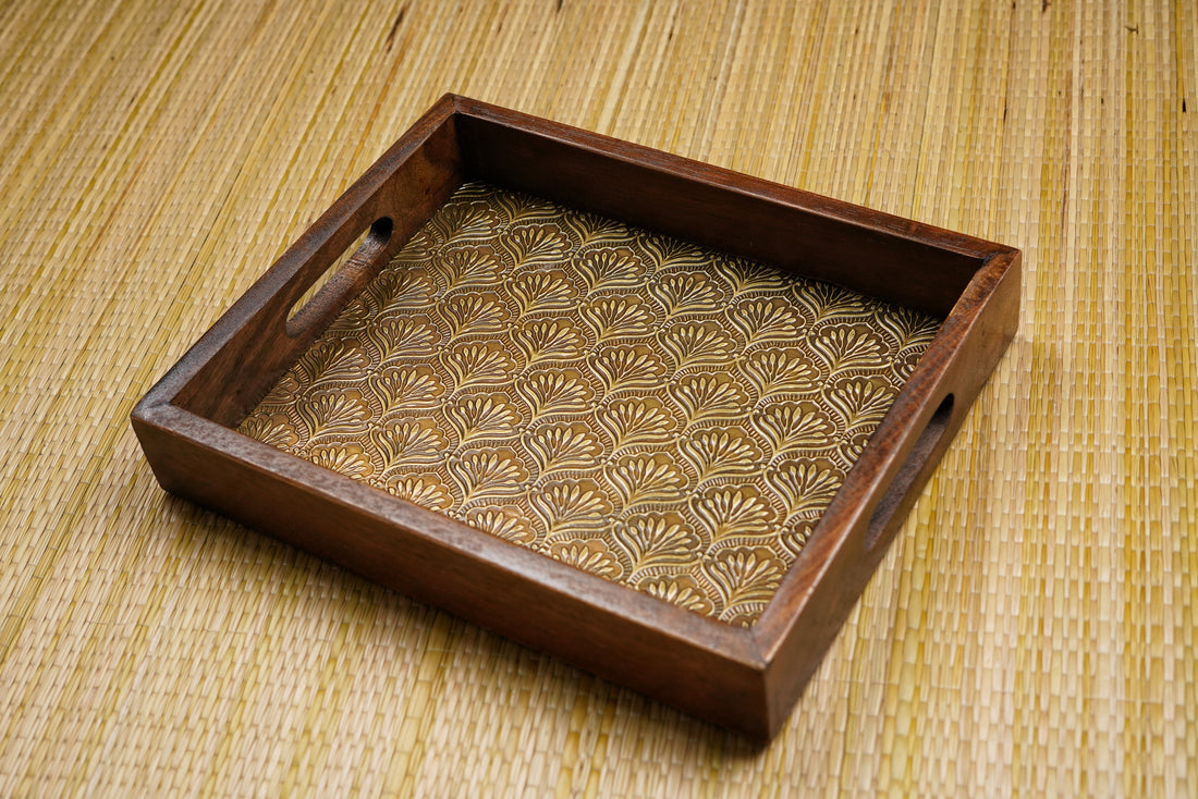 Wooden Serving Tray with Brass Emboss 14*12inch