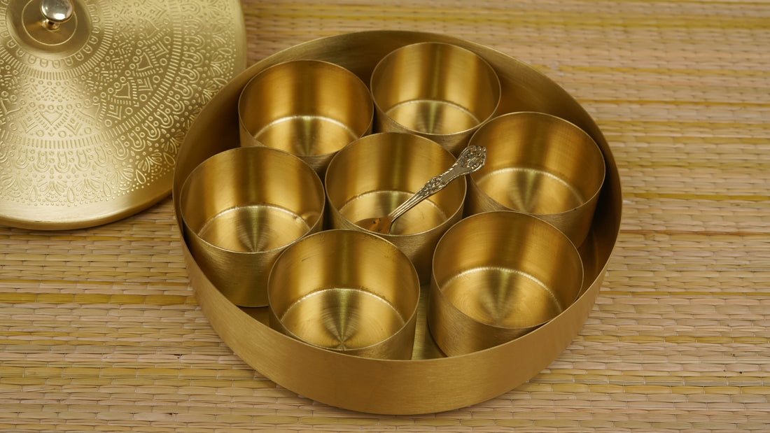 Brass Spice Masala Box (Rangoli Design) 7 Containers