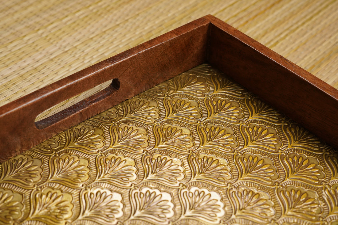 Wooden Serving Tray with Brass Emboss 12*10inch