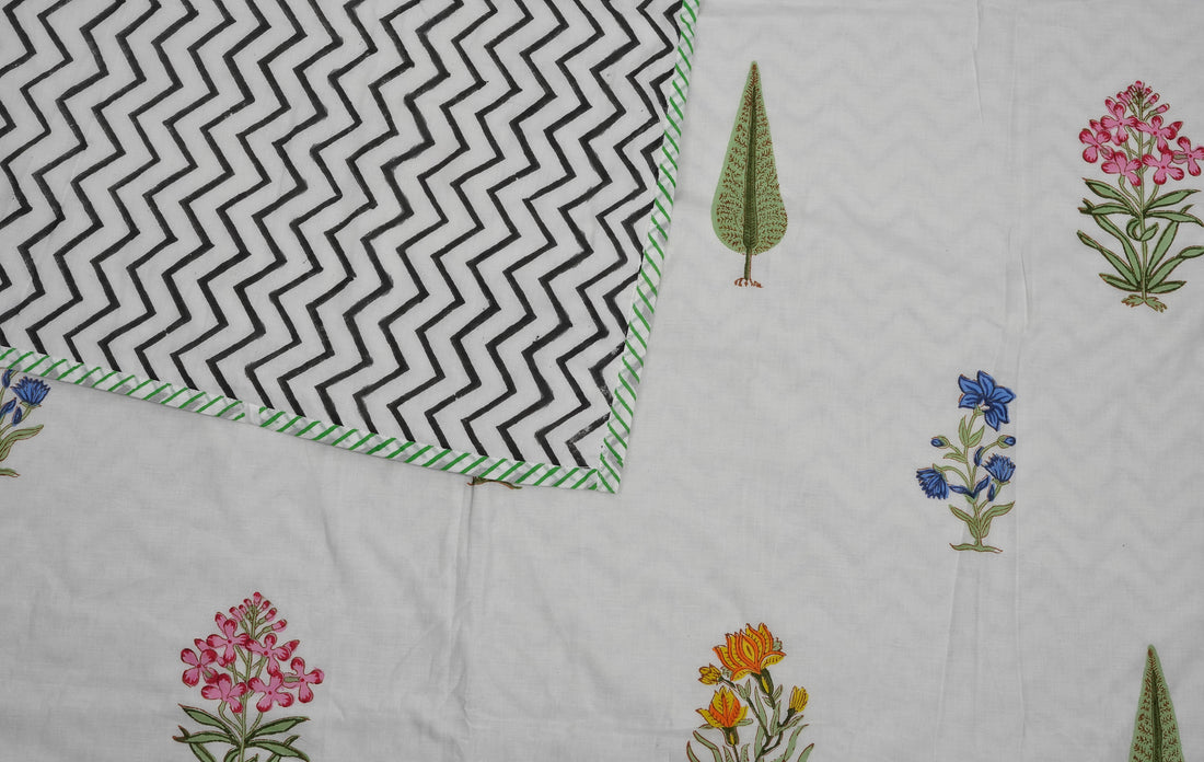 Green and White Multi Design Block Print Dohar