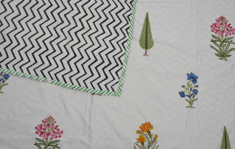 Green and White Multi Design Block Print Dohar