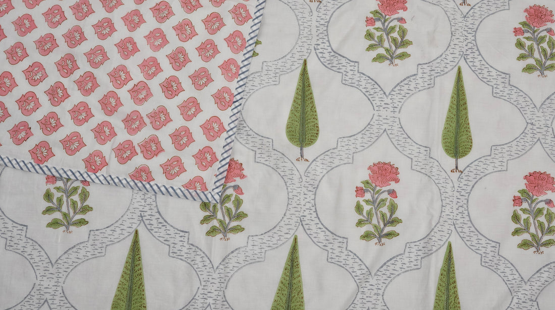 Green Tree and Flower Block Print Dohar