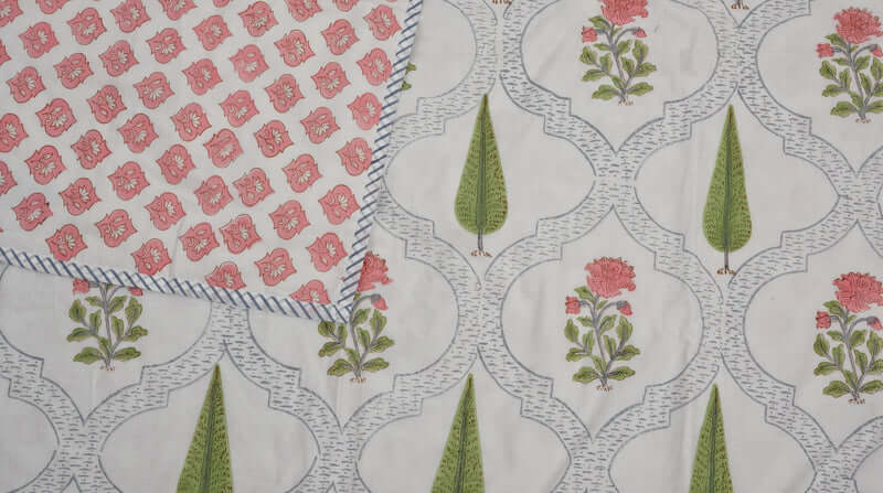 Green Tree and Flower Block Print Dohar